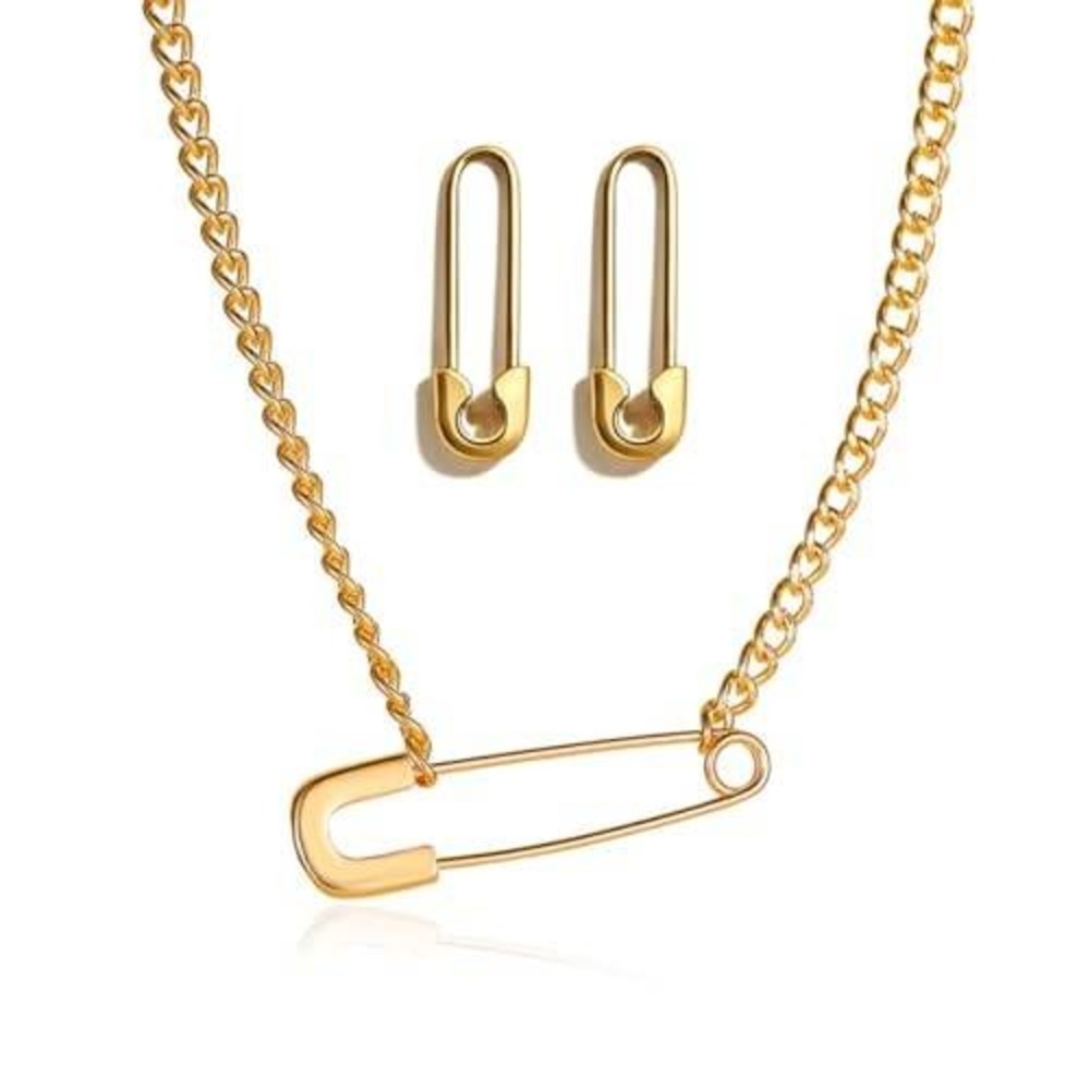 Gold Safety Pin Necklace and Earrings Jewelry Set Punk Grunge Streetwear